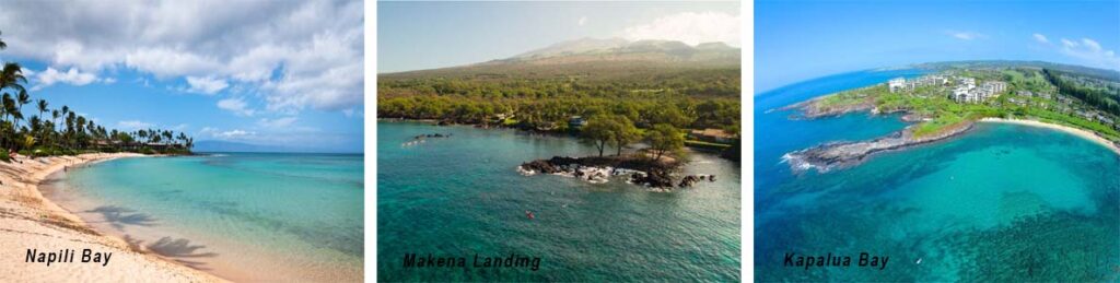 three images showcasing the beach Napili Bay, Makena Landing, Kapalua Bay, at different times of day, highlighting varying light and atmosphere.